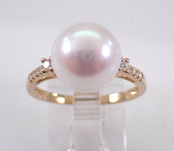 14K Yellow Gold Pearl Engagement Ring - Simple Traditional Diamond Setting - June Birthstone Jewelry Gift