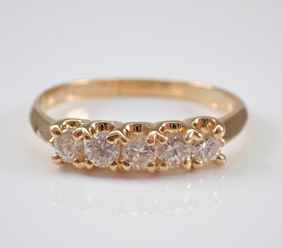 14K Yellow Gold Diamond Wedding Ring - Bridal Anniversary Fine Jewelry Gift - 5 Stone Stackable