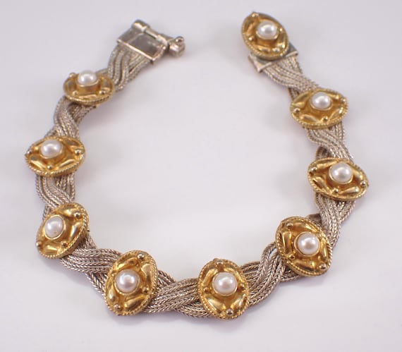Vintage Sterling Silver Two Tone Pearl Bracelet, Multi Strand Braided Tennis Bracelet