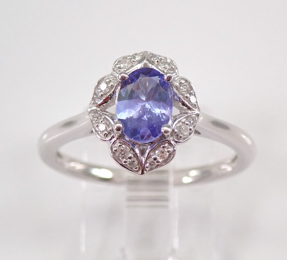 White Gold Tanzanite Ring, Dainty Diamond Halo Setting, Engagement Promise Jewelry Gift