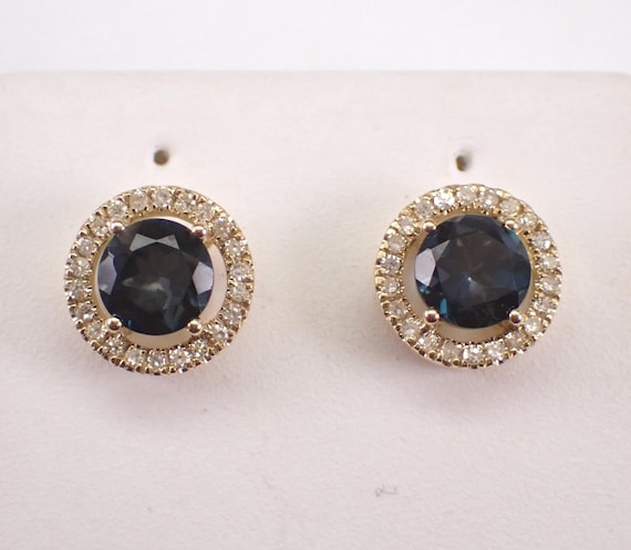 London Blue Topaz Stud Earrings - Yellow Gold Diamond Halo Screwback Setting