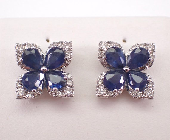 14K White Gold Sapphire Stud Earrings: Diamond Flower Clover Studs
