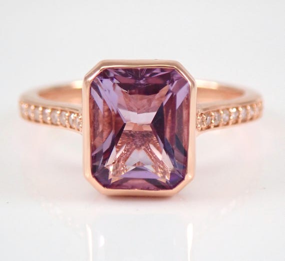 Amethyst and Diamond Engagement Ring, Rose Gold Emerald Cut Gemstone Setting, February Birthstone Jewelry Gift