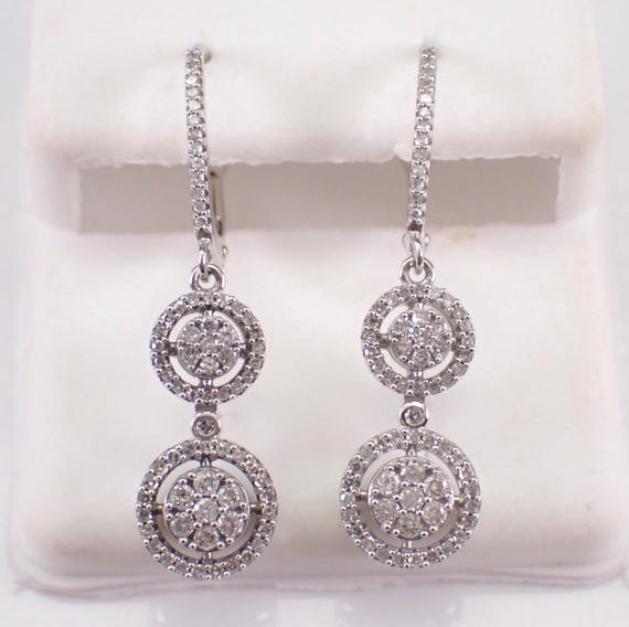 14K White Gold Diamond Dangle Earrings: Dainty Halo Cluster Charm Drops