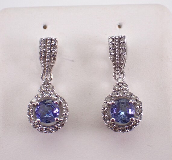 White Gold Tanzanite Earrings - Diamond Halo Drop Setting - Dainty Dangle Gemstone Fine Jewelry Gift