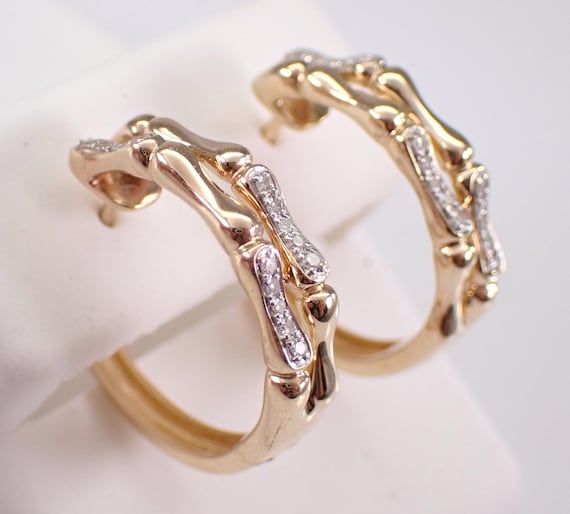 14K Yellow Gold Diamond Hoop Earrings - Unique Estate Double Row Setting - Effy Designer Huggies Fine Jewelry Gift
