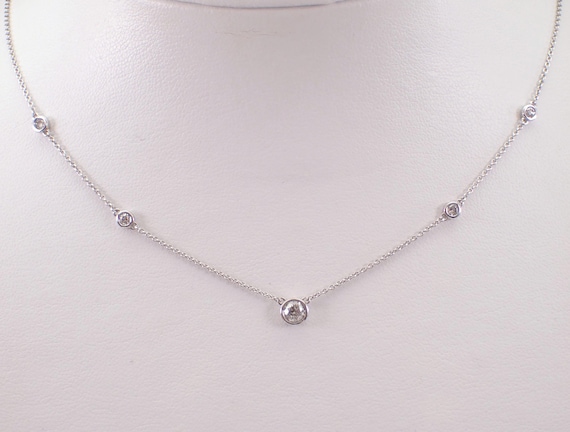 White Gold Diamond Station Necklace, Dainty Bezel Set Charm Pendant and Chain, GalaxyGems Bridal Fine Jewelry Gift