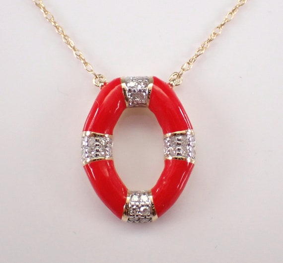 Solid Yellow Gold Diamond Station Necklace - Red Enamel Donut Charm Pendant - Unique Fine Jewelry Gift
