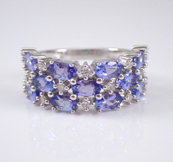 Tanzanite and Diamond Multi Row Wedding Ring - White Gold Cluster Anniversary Band - Gemstone Fine Jewelry Gift