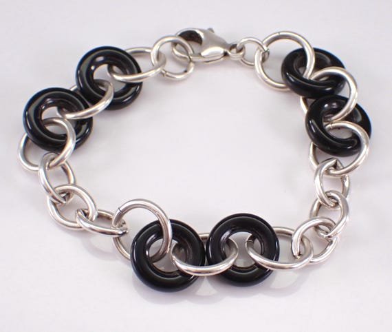 Vintage Sterling Silver Onyx Bracelet, Everyday Layering Stackable Jewelry Gift