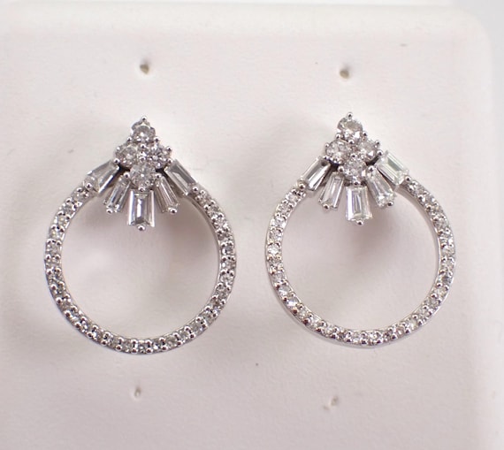 14K White Gold Diamond Earrings, Unique Circle Baguette Cluster Design, Birthday Fine Jewelry Present
