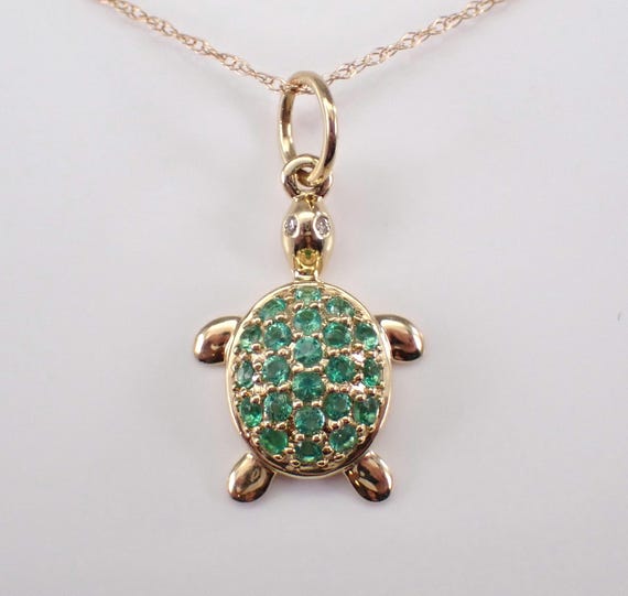 Yellow Gold Emerald Turtle Necklace - Tortoise Charm Pendant and Chain - Unique Dainty Animal Jewelry