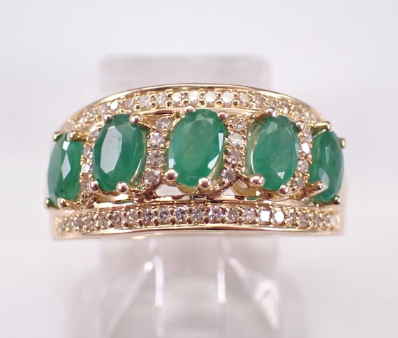 14K Yellow Gold Emerald Wedding Ring - Stackable Diamond Anniversary Band - Cocktail Gemstone Fine Jewelry Gift