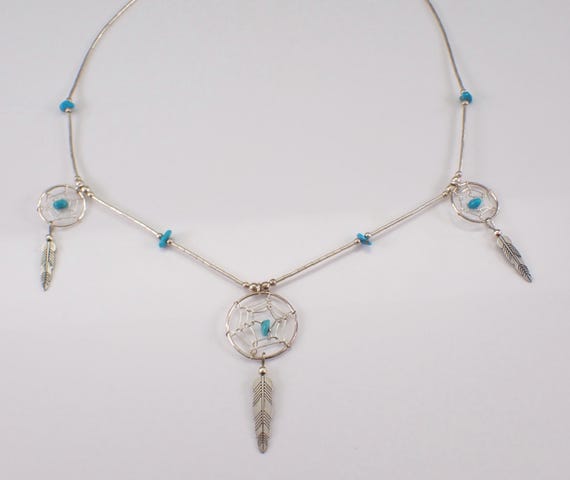 Vintage Turquoise Dreamcatcher Charm Necklace, Sterling Silver Dream Catcher Feather Pendant and Chain