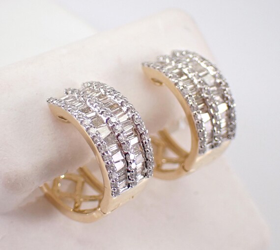 Yellow Gold Diamond Hoop Earrings - Multi Row Baguette Huggie Hoops - Unique Fine Jewelry Gift