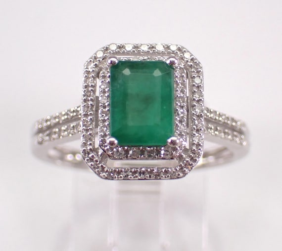 Emerald and Diamond Halo Engagement Ring - Solid White Gold Gemstone Bridal Band - May Birthstone Fine Jewelry Gift