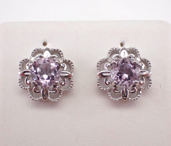 Lavender Amethyst Stud Earrings - Dainty White Gold Halo Flower Setting - February Birthstone Jewelry Gift