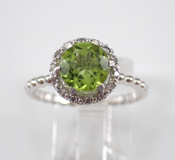 Genuine Peridot Engagement Ring, Solid White Gold Diamond Halo Setting , August Gemstone Gift, Unique Beaded Band