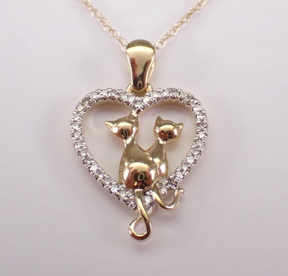Yellow Gold Diamond Cat Charm Pendant - Adorable Kitten Heart Necklace and Chain - Unique Pet Mom Jewelry Gift