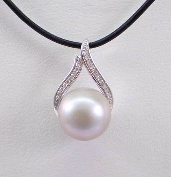 Gray South Sea Pearl Pendant Necklace - 14k White Gold Diamond Setting - 18 inch Leather Cord Chain