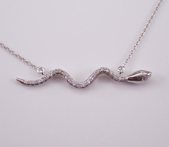 White Gold Diamond Snake Necklace - Serpent Bar Pendant and Chain - Unique Station Charm Jewelry Gift