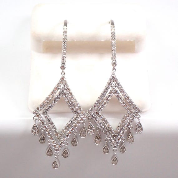 14K White Gold Diamond Dangle Earrings, Unique Chandelier Gypsy Design, GalaxyGems Fine Jewelry Gift