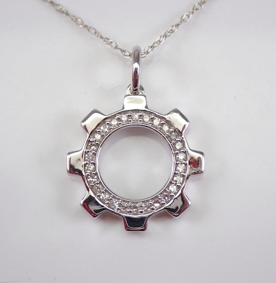 Diamond Circle of Life Pendant Necklace, Solid White Gold Modern Jewelry Gift, Cog Gear Wheel Charm and Chain