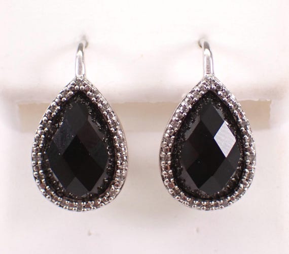 Sterling Silver Onyx and Diamond Earrings - 80s Vintage Teardrop Dangle Drop - Unique Estate Jewelry Gift