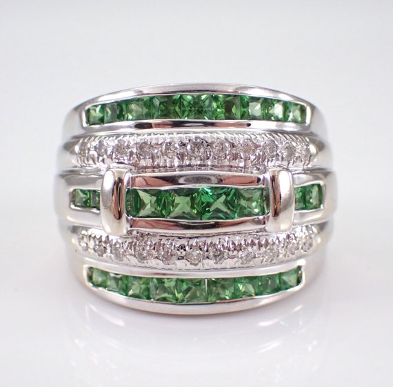 14K White Gold Tsavorite Garnet Ring - Princess Cut Gemstone Cocktail Band - Wide Wedding Anniversary Jewelry Gift
