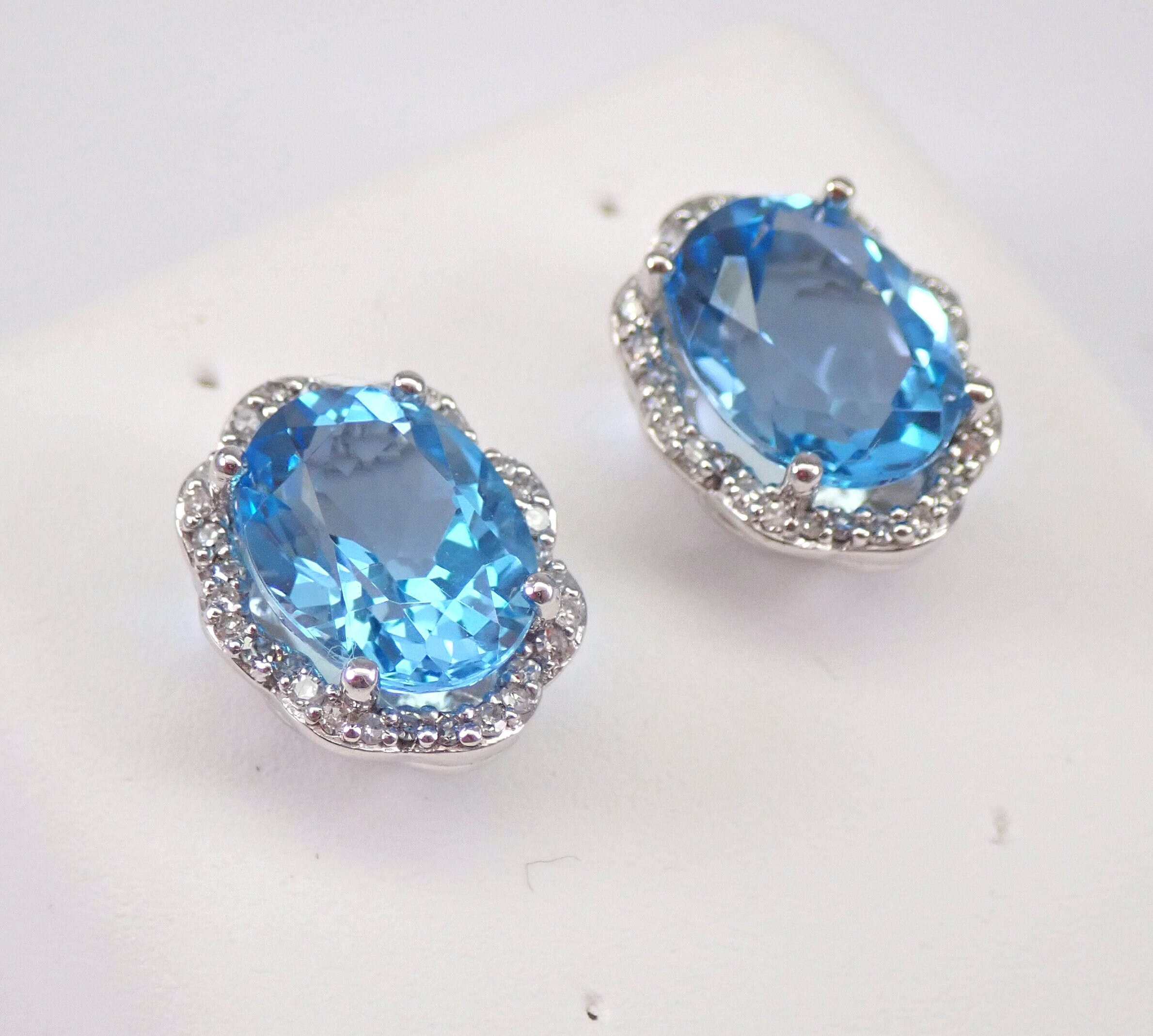 3.30 ct Blue Topaz and Diamond Stud Earrings Halo Studs White Gold ...