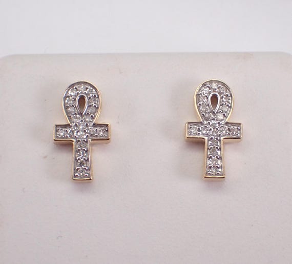 14K Yellow Gold Diamond Stud Earrings - Unique Dainty Ankh Cluster Studs - Unique Fine Jewelry Gift