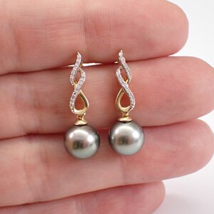 Black Tahitian Pearl Earrings Diamond Dangle Drop Setting 14K Yellow Gold Fine Jewelry Gift June Birthstone Gemstone image 5