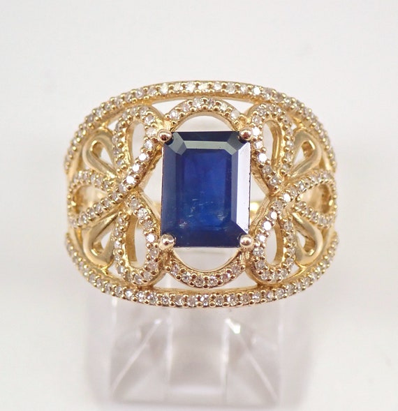 Earth Mined Blue Sapphire Ring w Natural Diamond in Solid Yellow Gold, Emerald Cut 8x6mm Sapphire, September Birthstone, Intricate Design