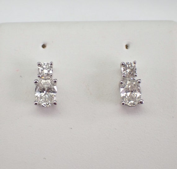 Double Diamond Stud Earrings,  Two Stone Round and Oval Brilliant Studs, White Gold Fine Jewelry Bridal Gift