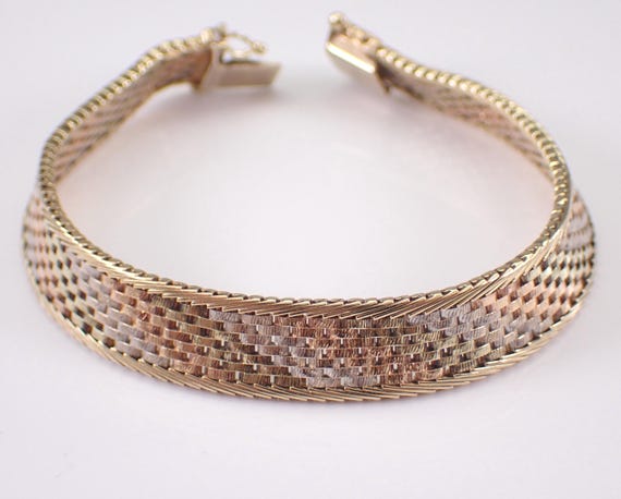 14K Tri Color Gold Vintage Mesh Bracelet, Layering Everyday Casual Braided Estate Jewelry