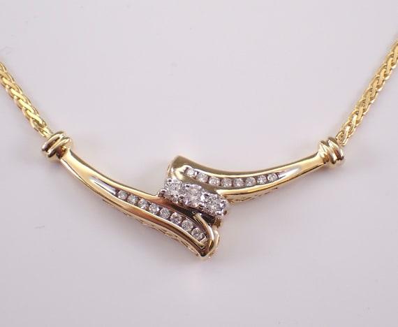 Vintage 14K Yellow Gold Diamond V Necklace: Past Present Future Station Pendant and Chain