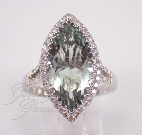 Large Green Amethyst and Diamond Ring, 18K White Gold Gemstone Halo Setting, Prasiolite Bridal Jewelry Gift