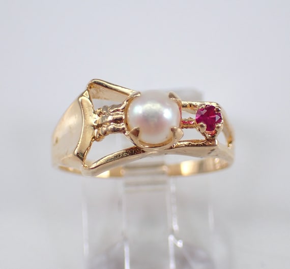 Vintage Pearl and Ruby Pinky Ring, 14K Yellow Gold Estate Jewelry, Dainty Right Hand Statement Band