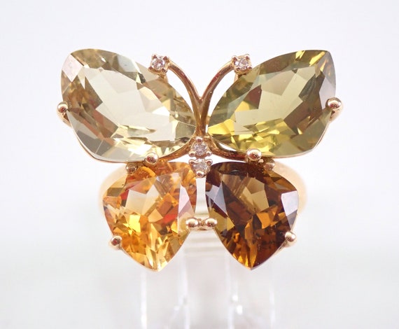 Solid 14K Yellow Gold Butterfly Ring, Large Citrine and Multi Color Quartz Unique Diamond Ring, Genuine Gemstone Butterfly Jewelry