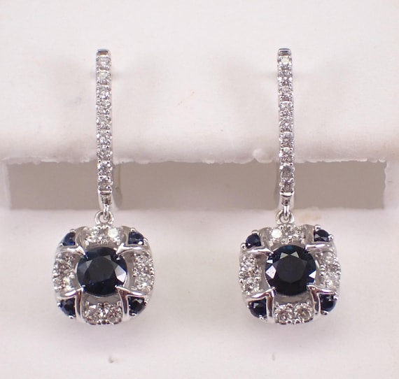 Sapphire and Diamond Dangle Earrings - White Gold Hoop and Gemstone Charm Drops - September Birthstone Jewelry Gift