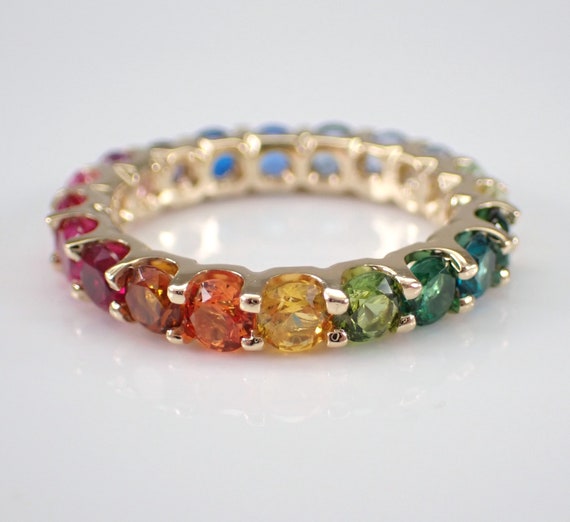 Multi Color Sapphire Eternity Band - 14K Yellow Gold Wedding Ring - Colorful Anniversary Fine Jewelry Gift