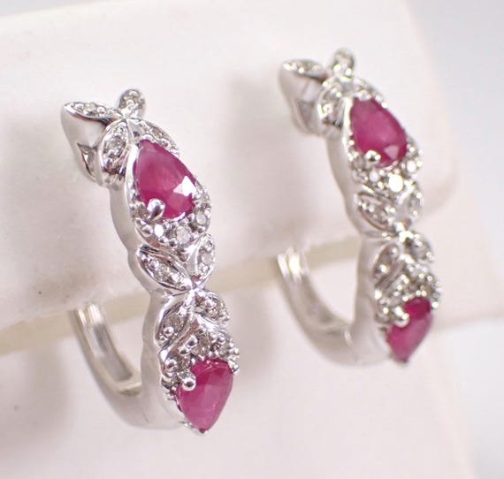 14K White Gold Ruby and Diamond Hoop Earrings: Medium Gemstone Huggies