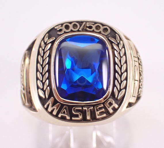 Solid Yellow Gold Ford Masters Ring - Mens Vintage Blue Gemstone Pinky Band