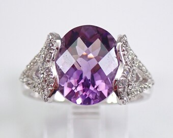 Amethyst and Diamond Ring - 14K White Gold Heart Setting - February Gemstone Fine Jewelry Gift