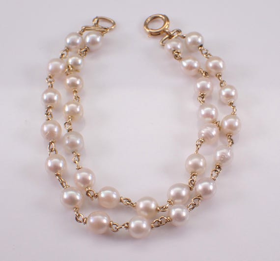 Vintage 14K Yellow Gold Pearl Bracelet - Dainty Tin Cup Double Strand Link - Estate Birthday Jewelry Gift