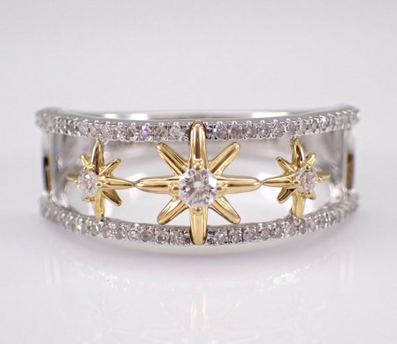 Two Tone Gold Diamond STAR Ring - Unique Wedding Anniversary Band - Engagement Promise Jewelry Gift