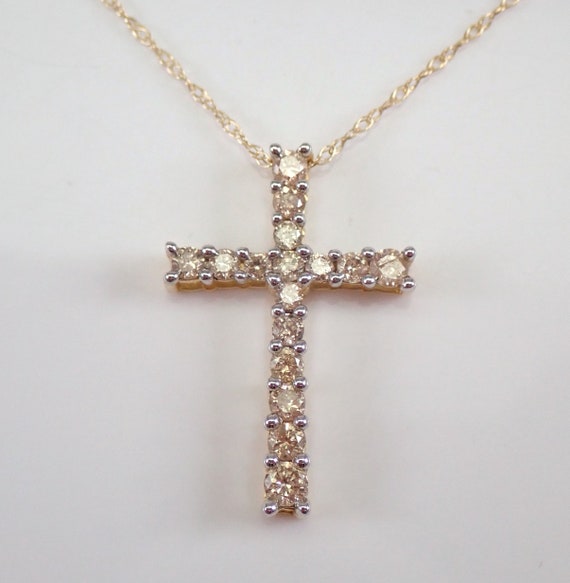 Yellow Gold Champagne Diamond CROSS Pendant Necklace Religious Charm 18" Chain LQPN20