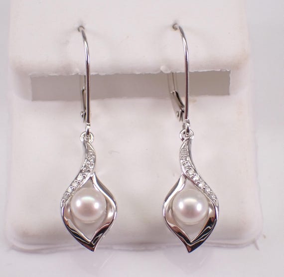 14K White Gold Pearl Earrings - Dainty Diamond Teardrop Dangles - Fine Jewelry Wedding Gift