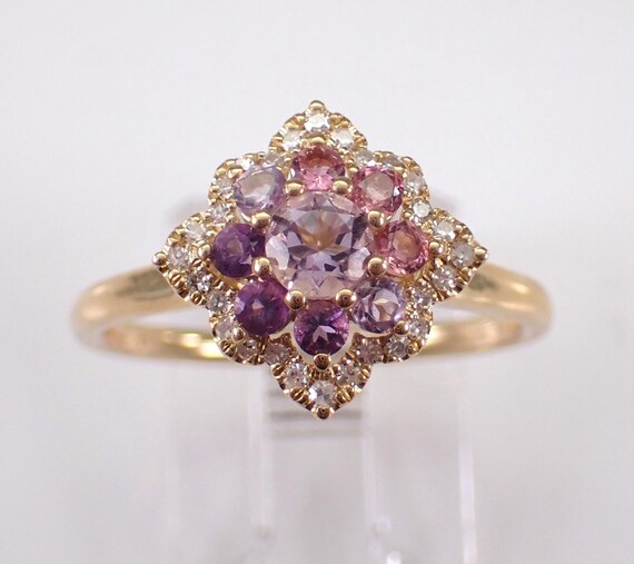 Yellow Gold Multi Color Tourmaline Ring, Diamond Halo Setting, Pink and Purple Gemstone Birthstone Jewelry Gift