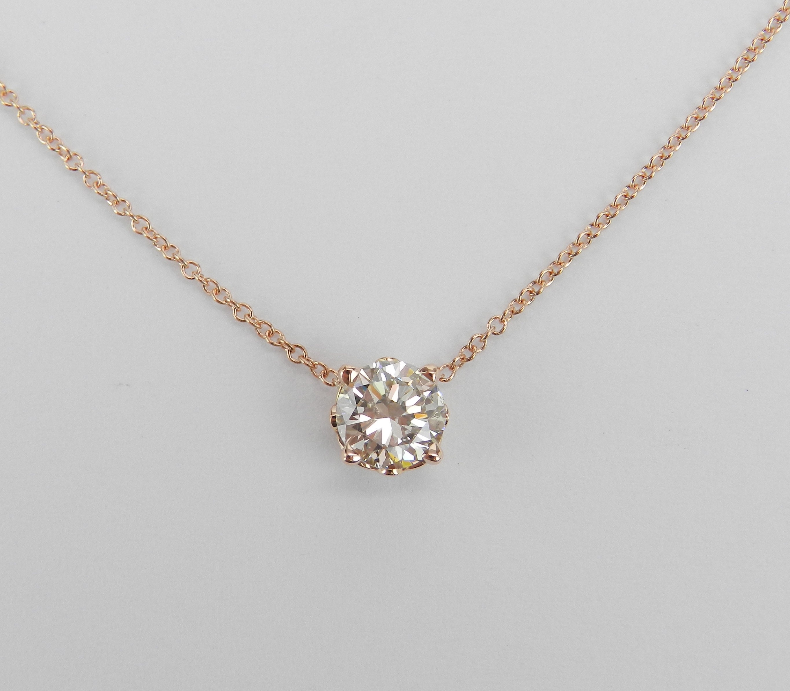 14K Rose Gold Diamond Solitaire Pendant Necklace 16 Chain Decorative Prong Setting Etsy